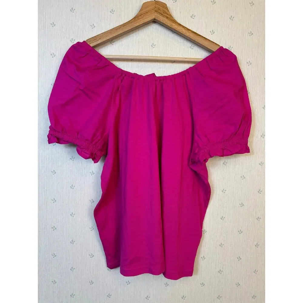 J Crew Tie Back Poplin Top Medium Fuchsia 100% Cotton Puff Sleeve Preppy Relaxed